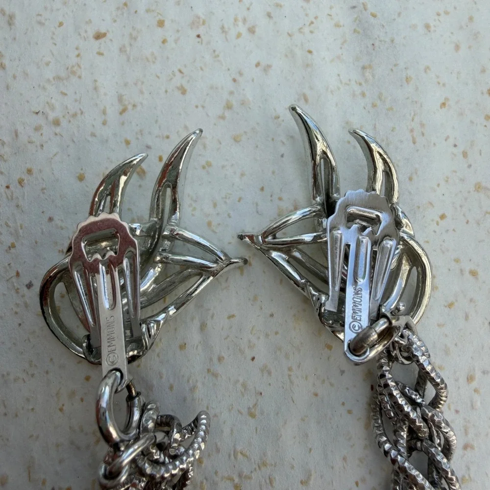 VTG Emmons Silver Tone Feather Leaf Link Clip Earrings & Bracelet Or Dress Clip